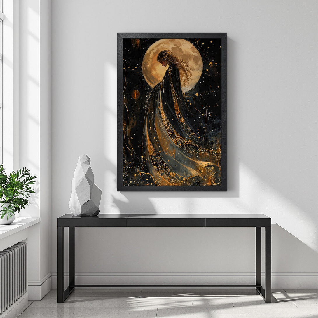 Framed Poster featuring a woman in black and gold, celestial art style. Dark, moody color palette. Perfect wall decor!