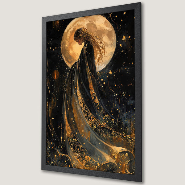Framed Poster of woman before the moon in a celestial style, with a black, gold, and dark blue color palette. Perfect wall art.