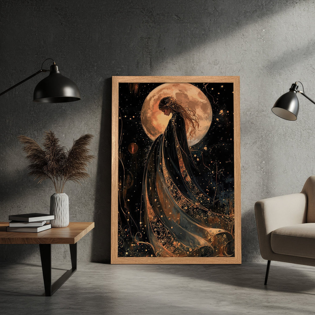 Framed Poster featuring a woman in black and gold against a moonlit sky. Artistic style with a dark, warm color palette. Perfect wall art!