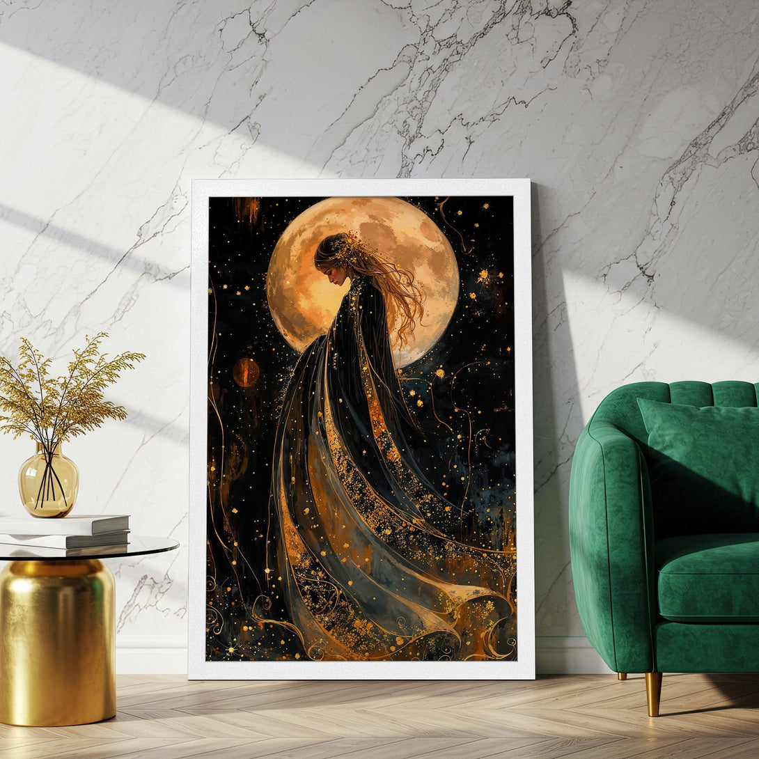 Framed Poster: Mystical woman with moon, in a dark and gold color palette. Perfect art for your home!