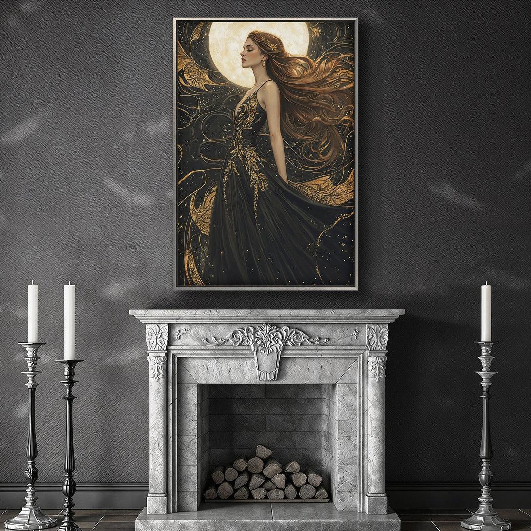 Framed Wall Art featuring a woman with long hair, a black dress, and gold accents. Elegant, artistic style with a black and gold color palette. Perfect for home decor.