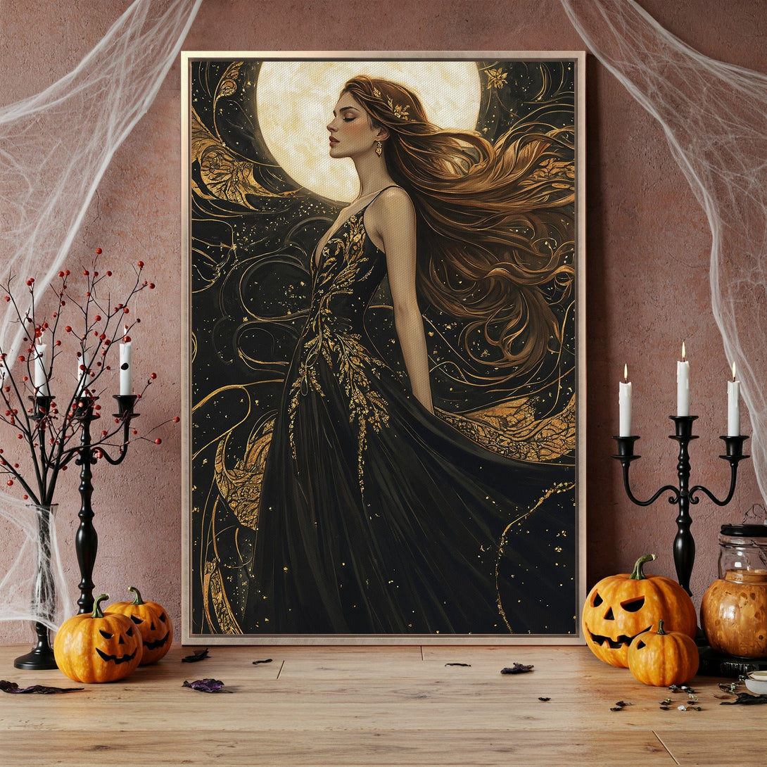Framed Wall Art featuring a woman in a black and gold dress, with a mystical, fantasy style. Rich black, gold, and brown color palette. Perfect Halloween decor!