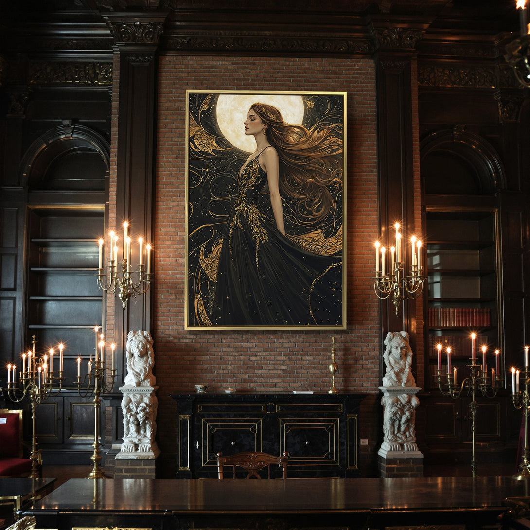 Canvas Print of a woman with flowing hair in a black and gold dress. Gothic art style with a dark, dramatic color palette.