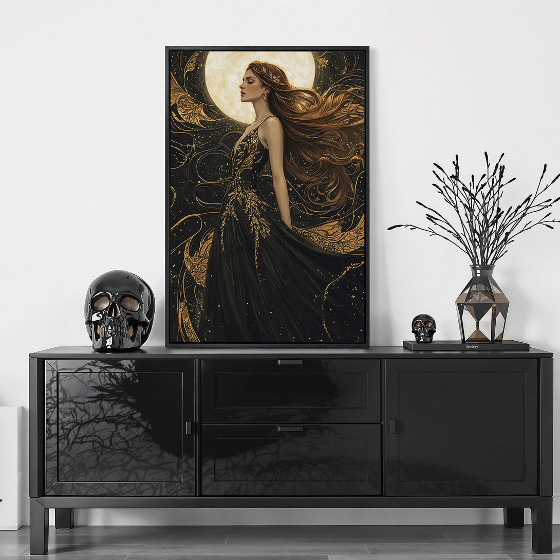 Framed Wall Art: Elegant woman in black dress, gold accents, and a moon backdrop. Modern, dark, and sophisticated. Perfect for a stylish home.
