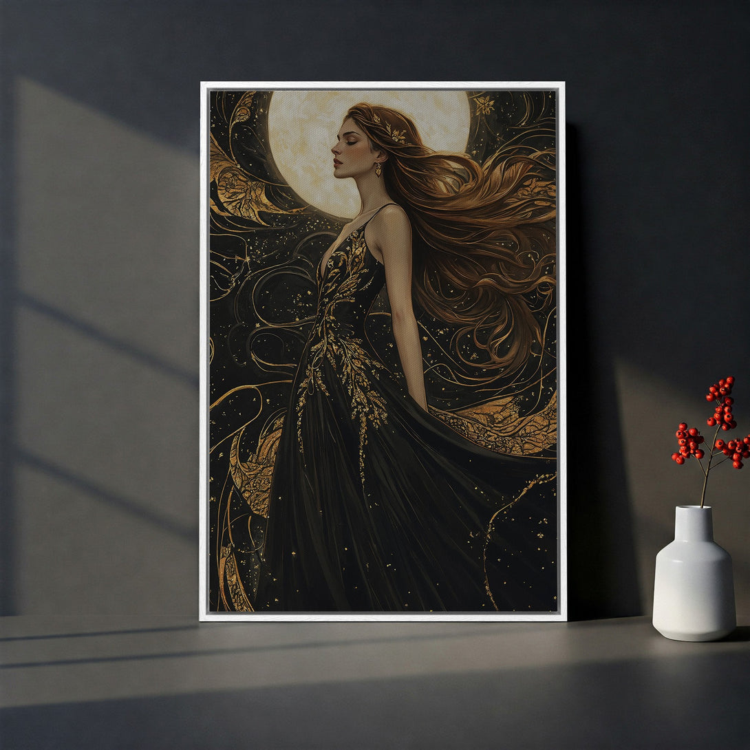 Framed Wall Art: Elegant woman in black and gold dress. Art Deco style, dark and moody color palette. Perfect for adding a touch of luxury to your home.