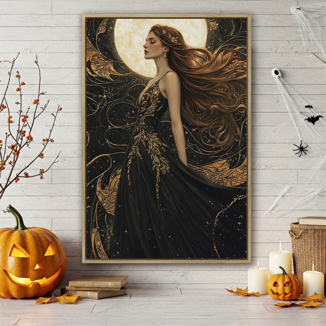 Framed Wall Art featuring a woman in a black and gold gown, set against a moonlit background. Artistic, elegant style with a dark, warm color palette. Perfect for Halloween decor.