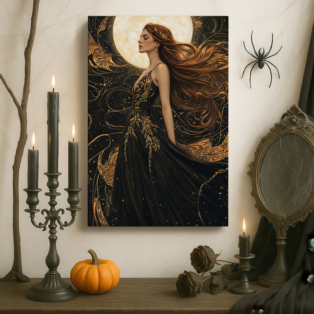 Framed Wall Art: Elegant woman portrait in black & gold. Stunning canvas print with a dark, moody aesthetic, perfect for adding sophistication to any space.