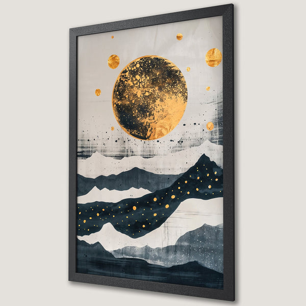 Framed Poster featuring abstract mountain landscape art with gold accents. Modern art print in a neutral, gold, and navy color palette.