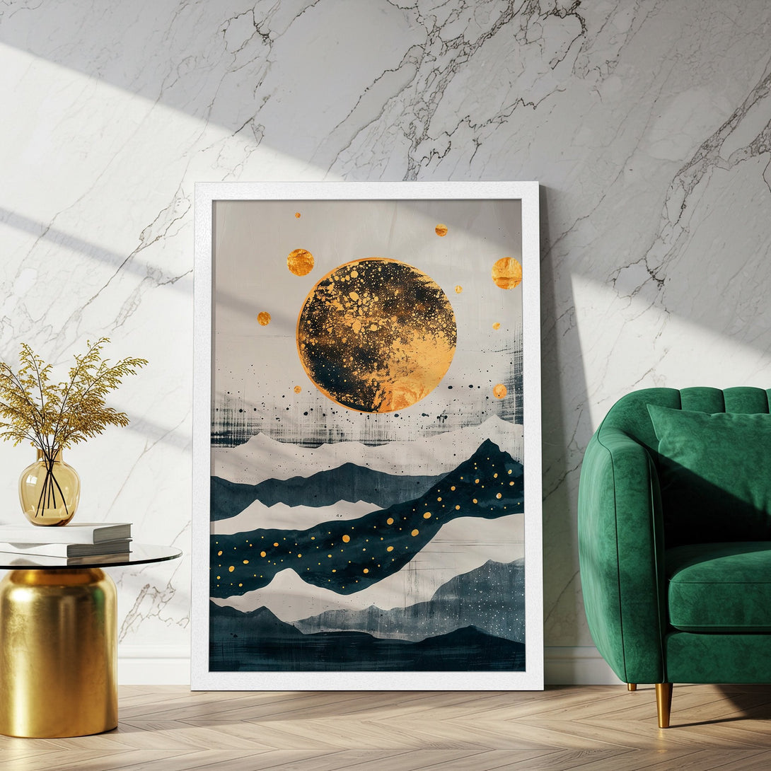 Framed Poster featuring an abstract landscape with gold accents. Modern art style, with a teal, gold, and neutral color palette. Perfect wall decor.