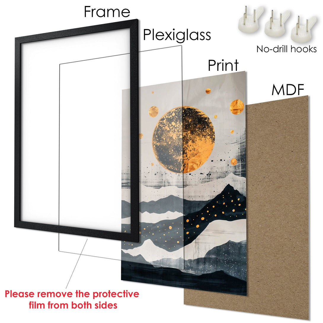 Framed Poster featuring an abstract landscape with gold accents, in a modern style. The color palette includes black, gold, and gray.