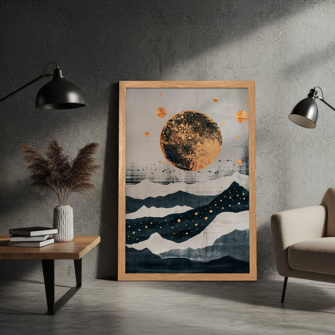 Framed Poster featuring an abstract landscape with gold accents, in a modern style with a muted color palette. Add art to your home!