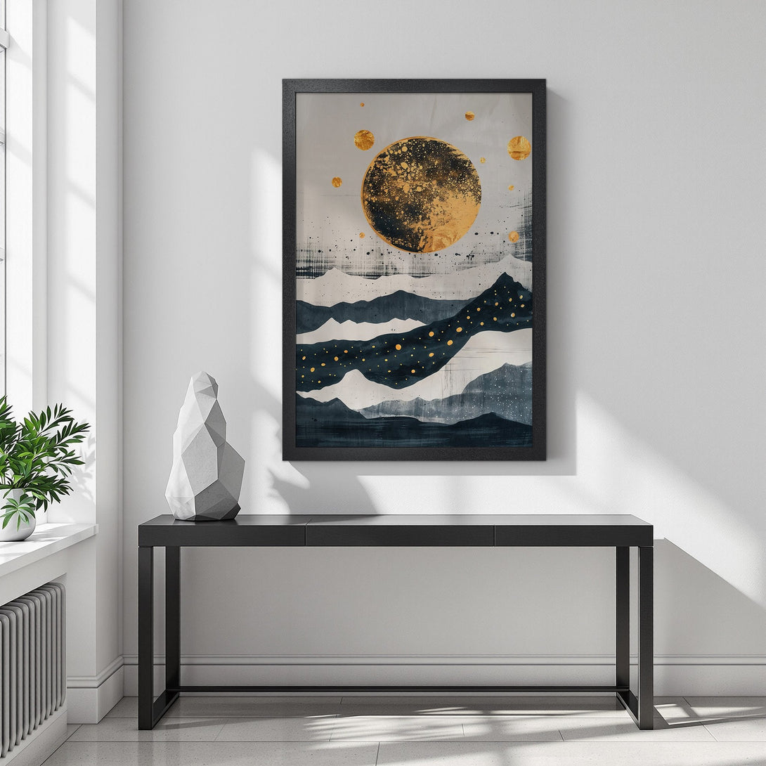 Framed Poster featuring an abstract mountain landscape with gold accents. Modern art print in a blue, gray, and gold color palette. Enhance your home decor!