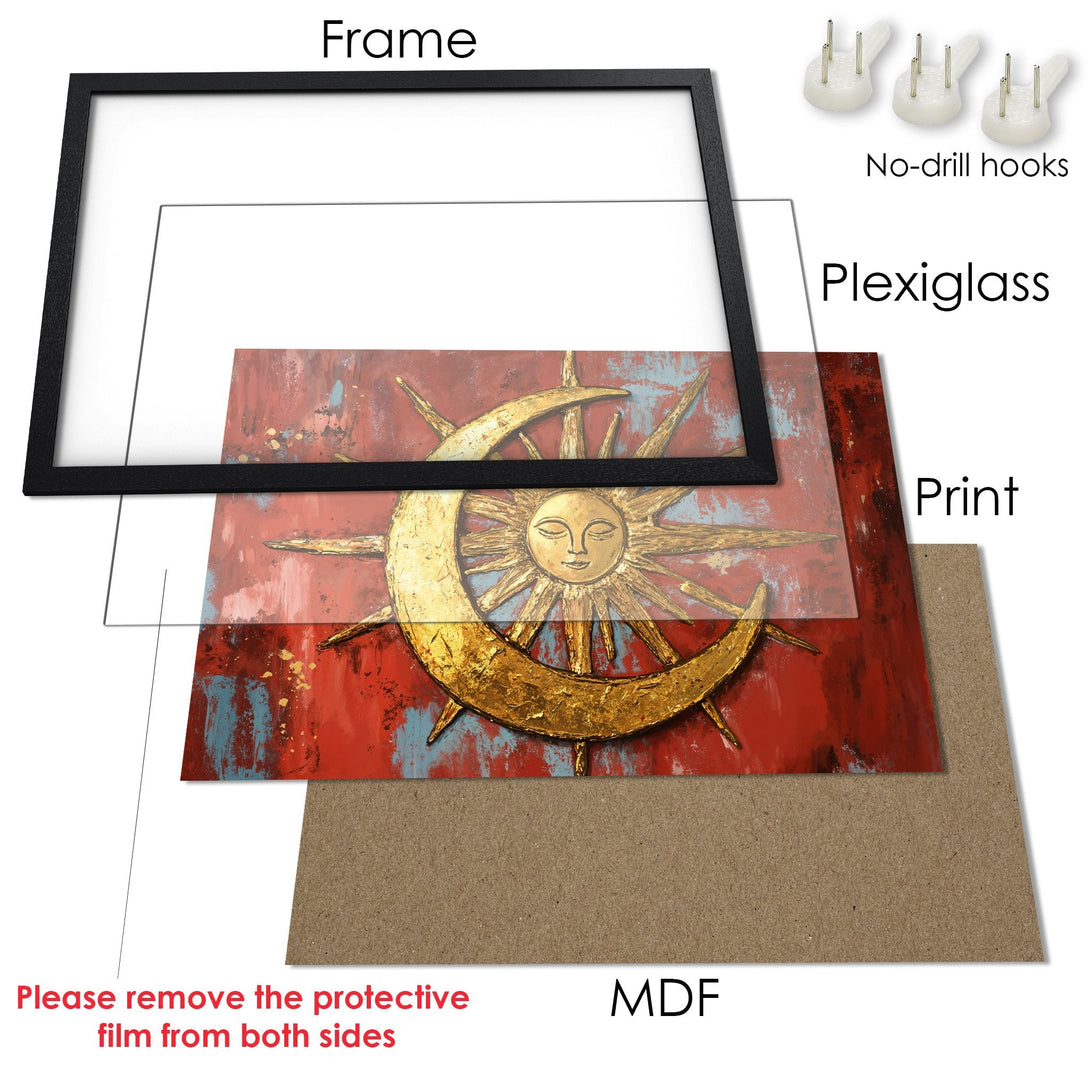 Framed Poster: Abstract sun & moon art in gold, red, and blue. Elevate your decor with this stunning poster!
