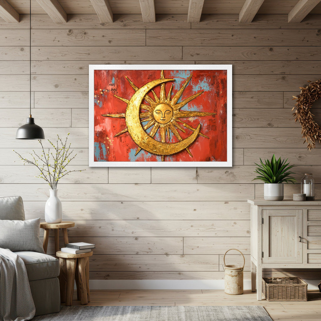Framed Poster featuring a golden sun and moon on a red abstract background. Rustic style, warm color palette for home decor.
