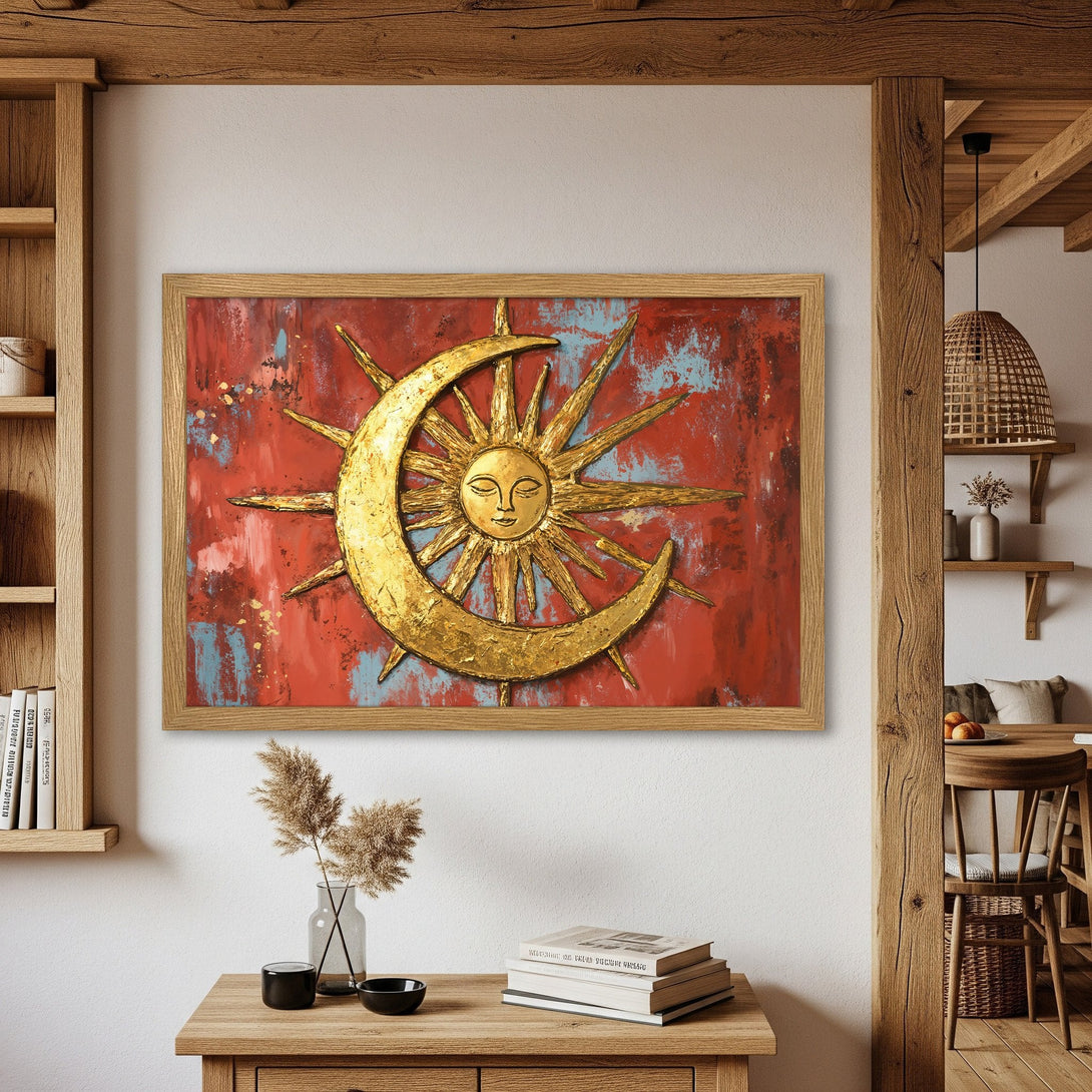Framed Poster featuring a celestial sun and moon design, with a rustic, textured style and a warm red and gold color palette.