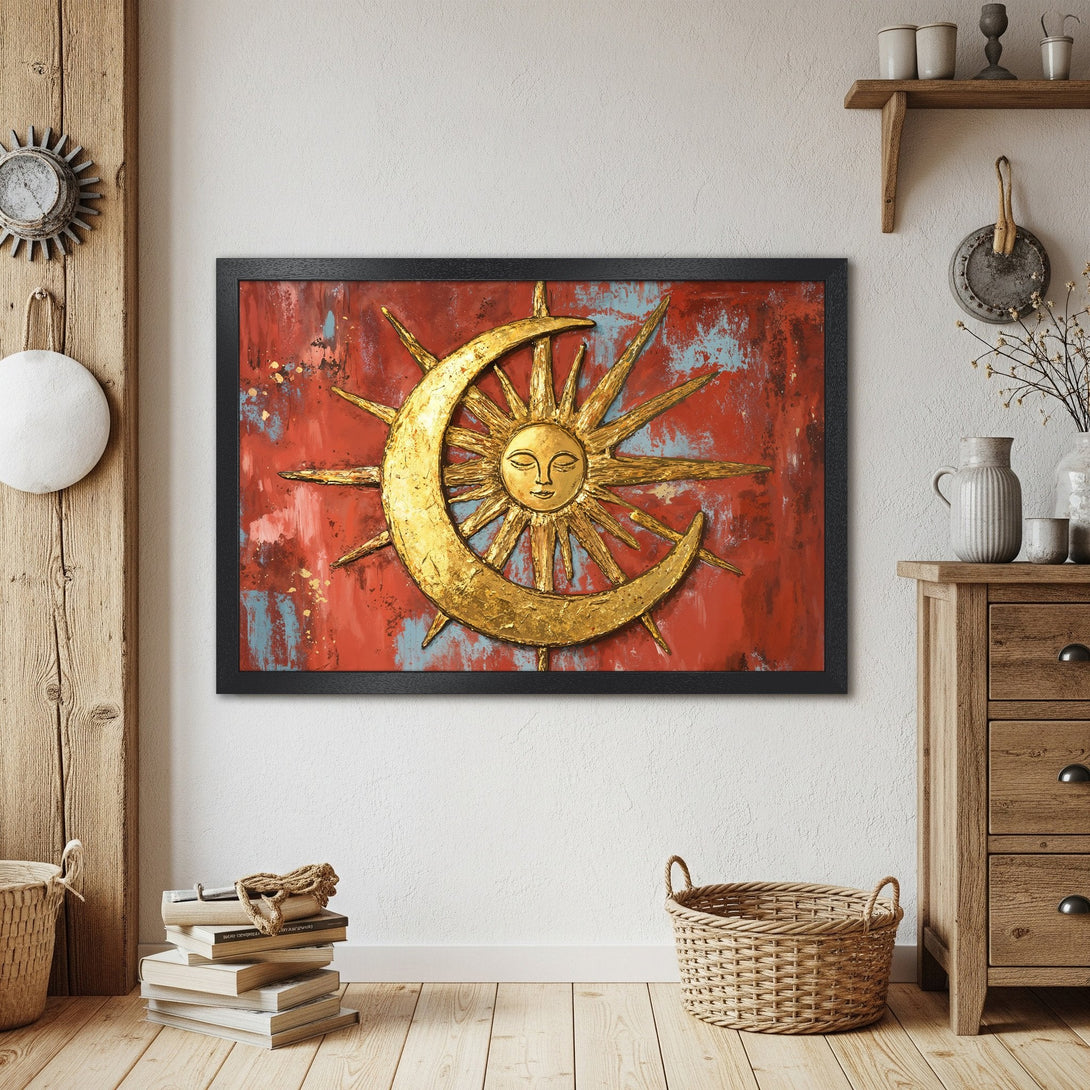 Framed Poster featuring a golden sun and moon on a red and blue abstract background. Perfect wall art for any space!
