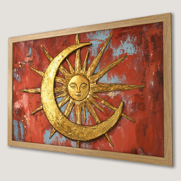 Framed Poster featuring a sun and moon design in gold against a red and blue abstract background. Perfect wall art!