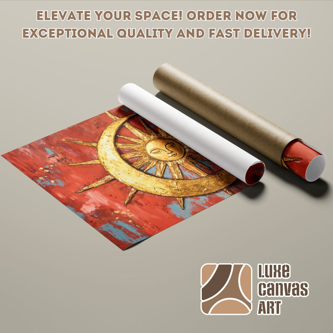 Abstract art poster roll with sun design, red and gold color palette. Elevate your space!