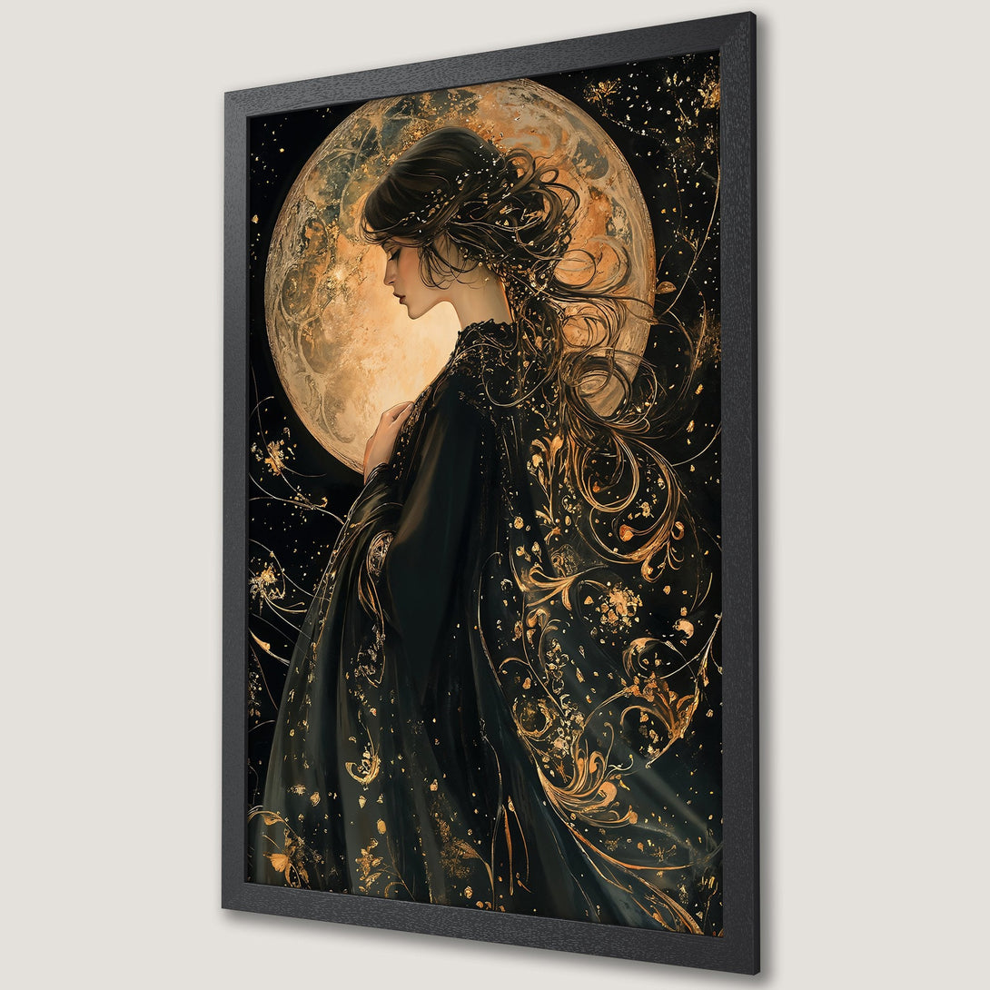Framed Poster: Mystical woman with moon, gold & black art print. Elegant wall decor for a touch of magic.