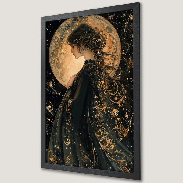 Framed Poster: Mystical woman with moon, gold & black art print. Elegant wall decor for a touch of magic.