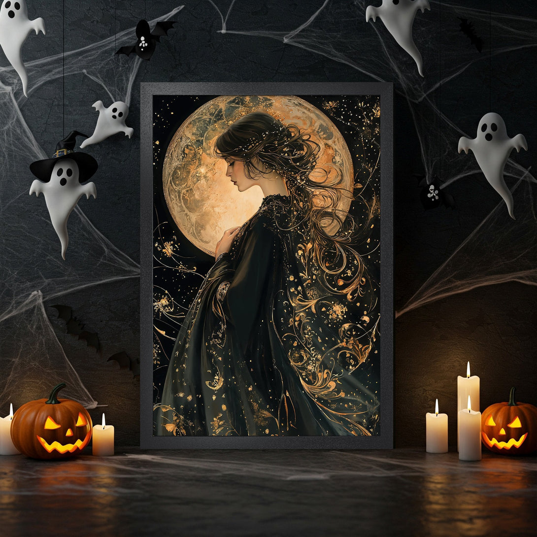 Framed Poster featuring a woman in black and gold against a moonlit background. Gothic art style, dark color palette with gold accents. Perfect Halloween decor!