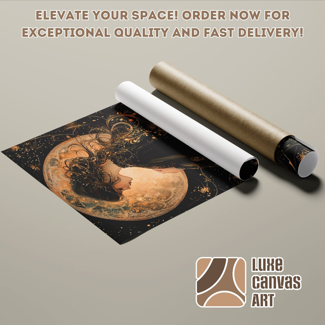 Abstract art poster roll with woman and moon, black, gold, and brown color palette. Elevate your space!