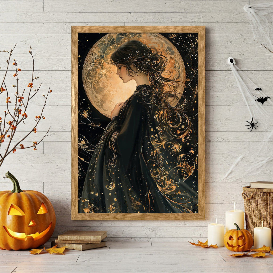Framed Poster featuring a woman, moon, and gold accents. Gothic art style with black, gold, and orange color palette. Perfect Halloween decor.