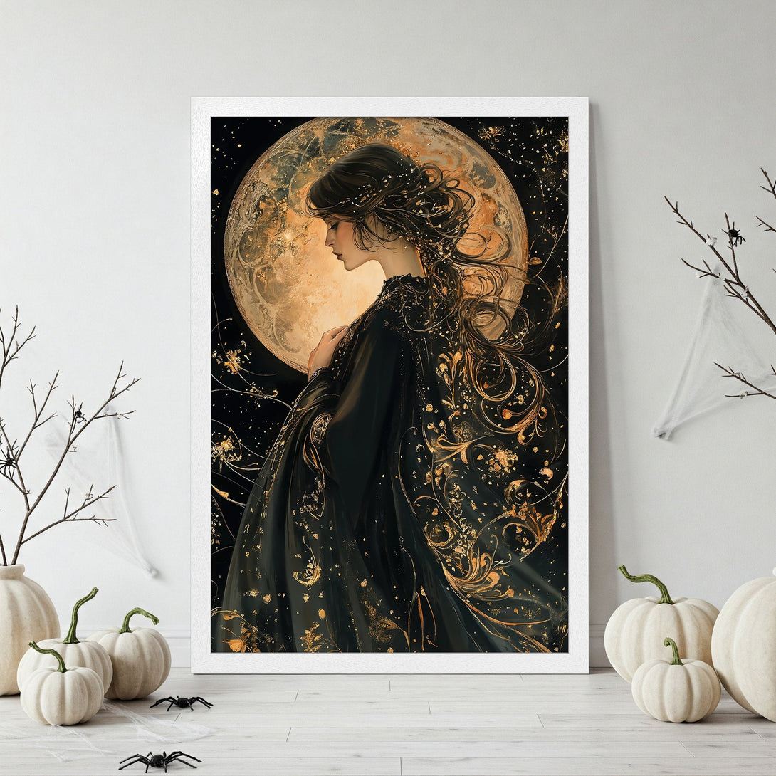 Framed Poster featuring a woman in black with gold accents, set against a moon. Gothic art style, rich black and gold color palette.