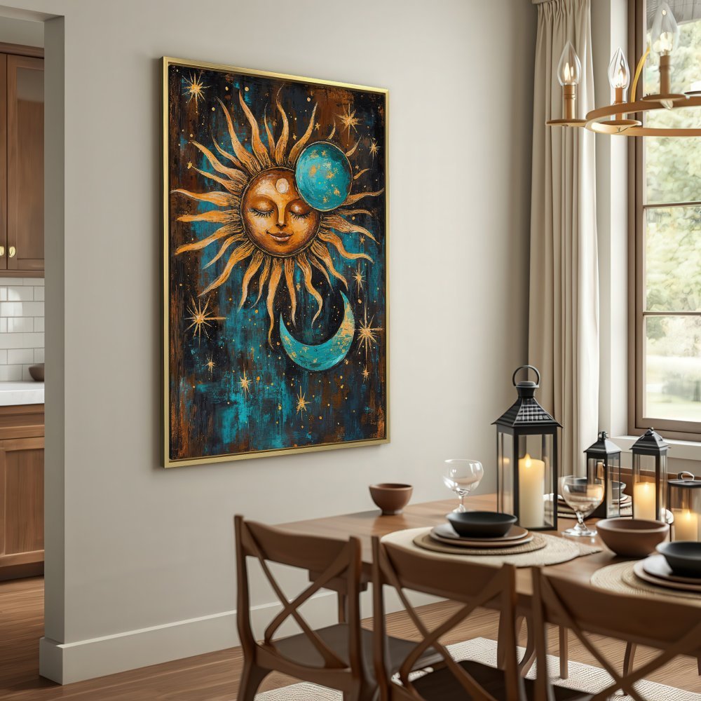 Canvas Print featuring a celestial sun and moon design, painted in a bohemian style with a teal and gold color palette.