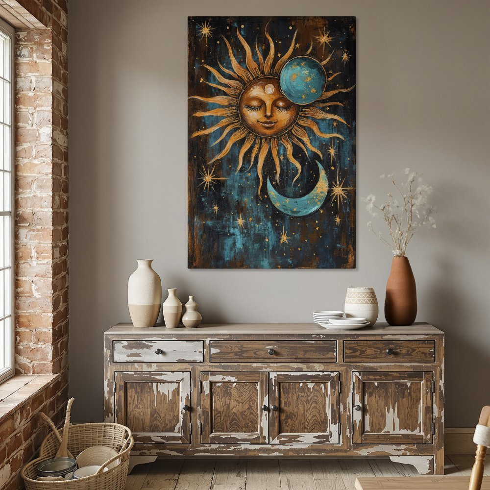 Framed Wall Art: Celestial sun and moon art print in teal, gold, and brown. Boho style canvas print for dining room decor.
