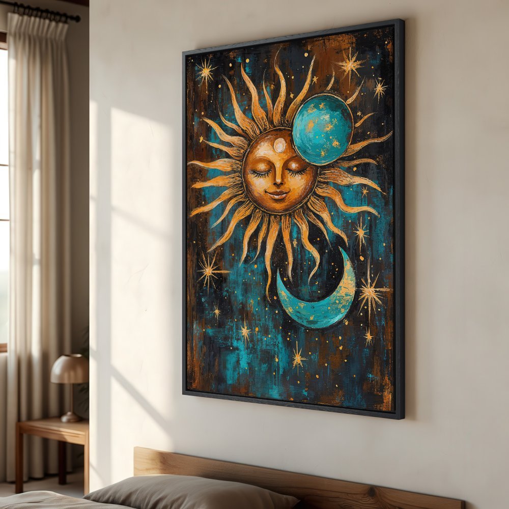 Framed Wall Art: Celestial sun and moon art print in teal and gold. Bohemian style canvas print perfect for bedroom decor.