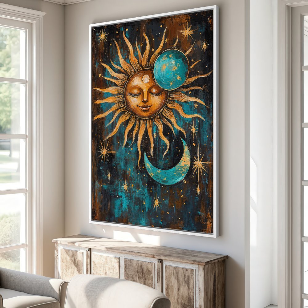 Framed Wall Art: Celestial sun and moon canvas print in teal, gold, and brown. Boho style artwork for a unique home decor statement.