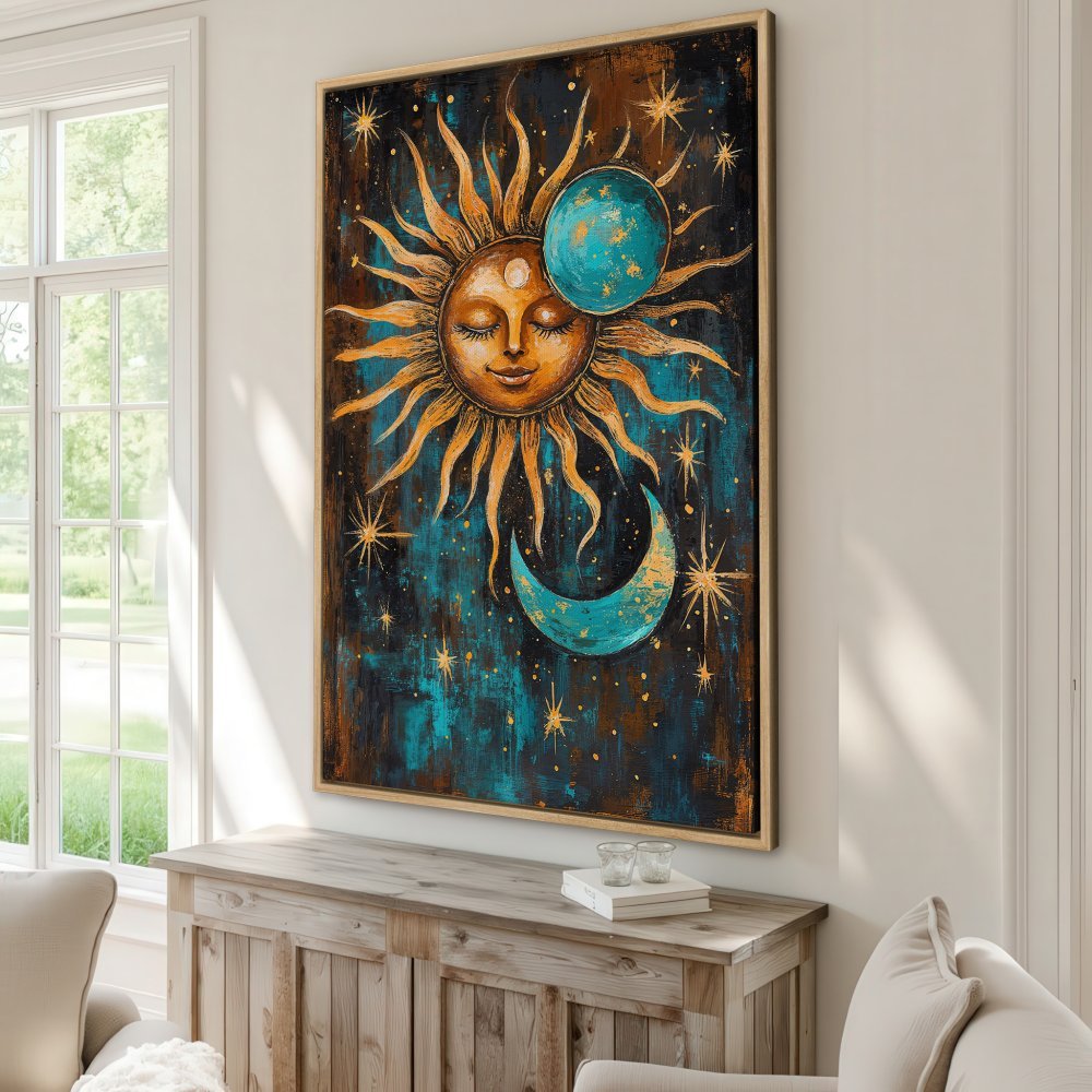 Framed Wall Art Canvas Print of a celestial sun and moon in teal and gold. Boho style art for home decor.