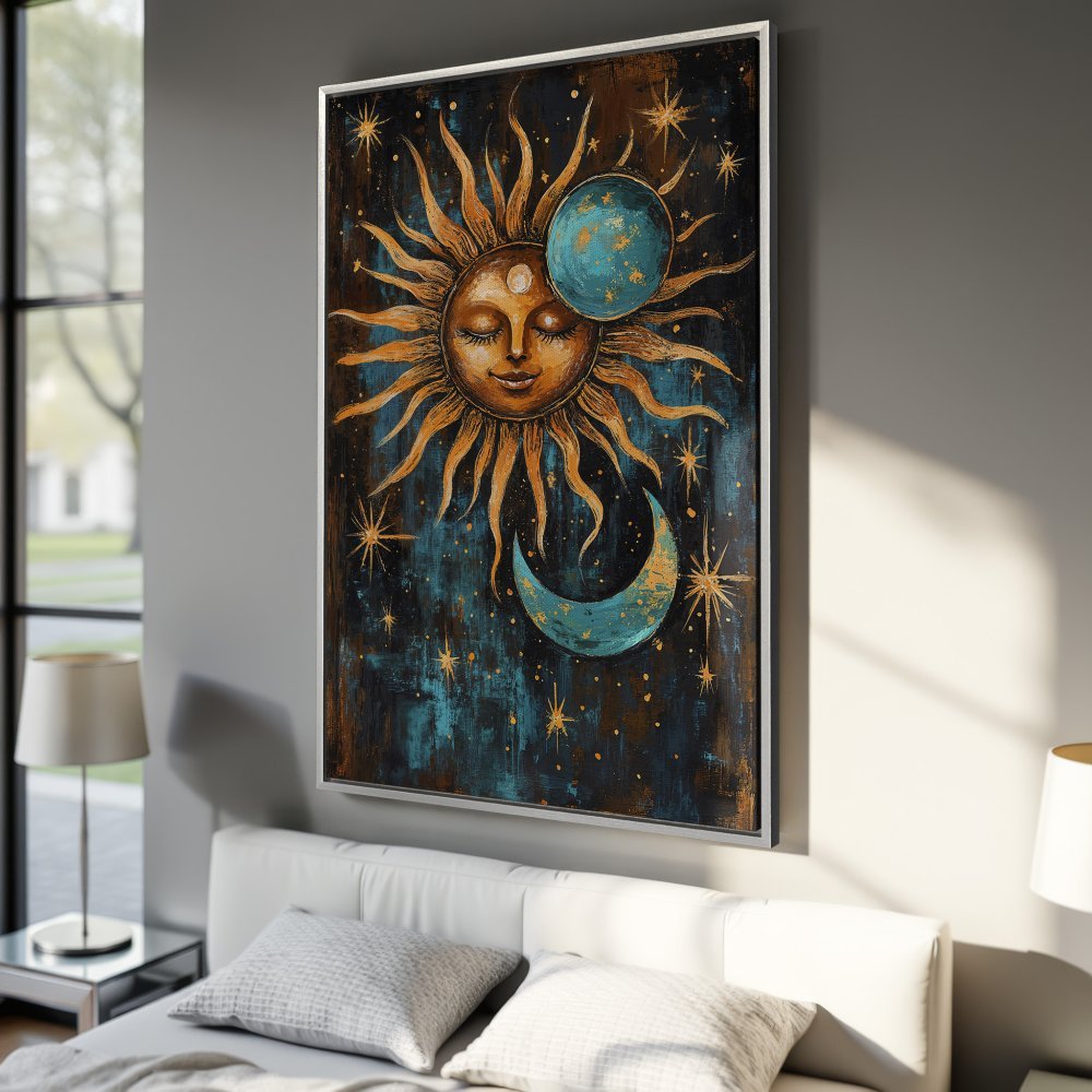 Framed Wall Art: Celestial sun and moon art print in teal, gold, and brown. Boho style canvas print adds a touch of magic to any room.