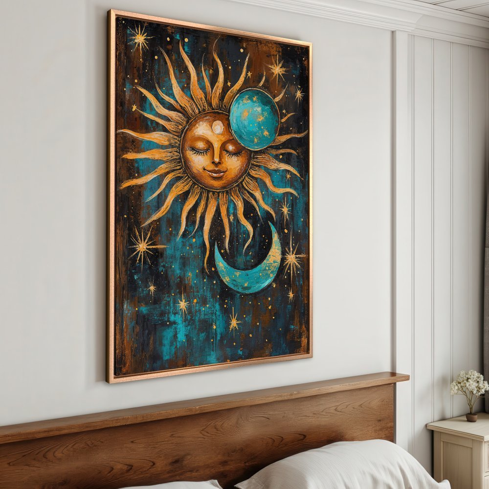 Framed Wall Art: Bohemian sun and moon canvas print in teal and gold. Add celestial vibes to your bedroom decor!