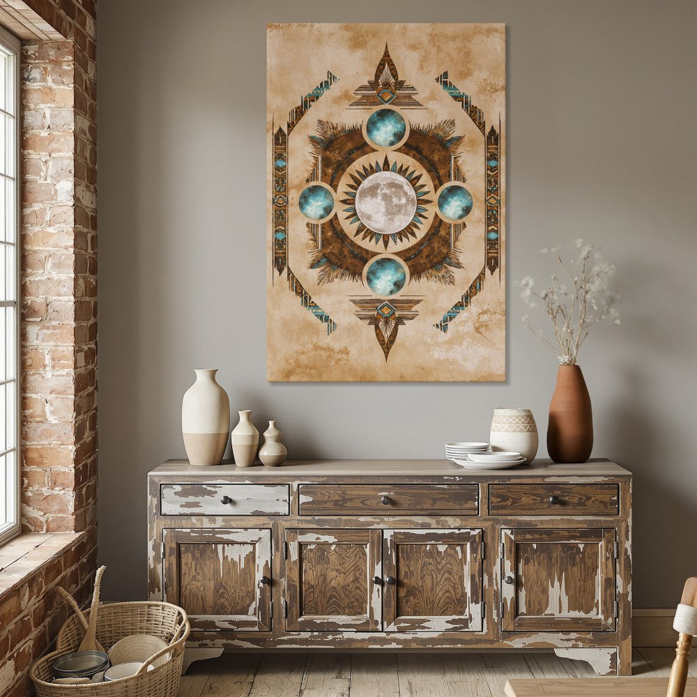 Framed Wall Art: Bohemian style celestial design Canvas Print in warm earth tones with turquoise accents, perfect for dining room decor.