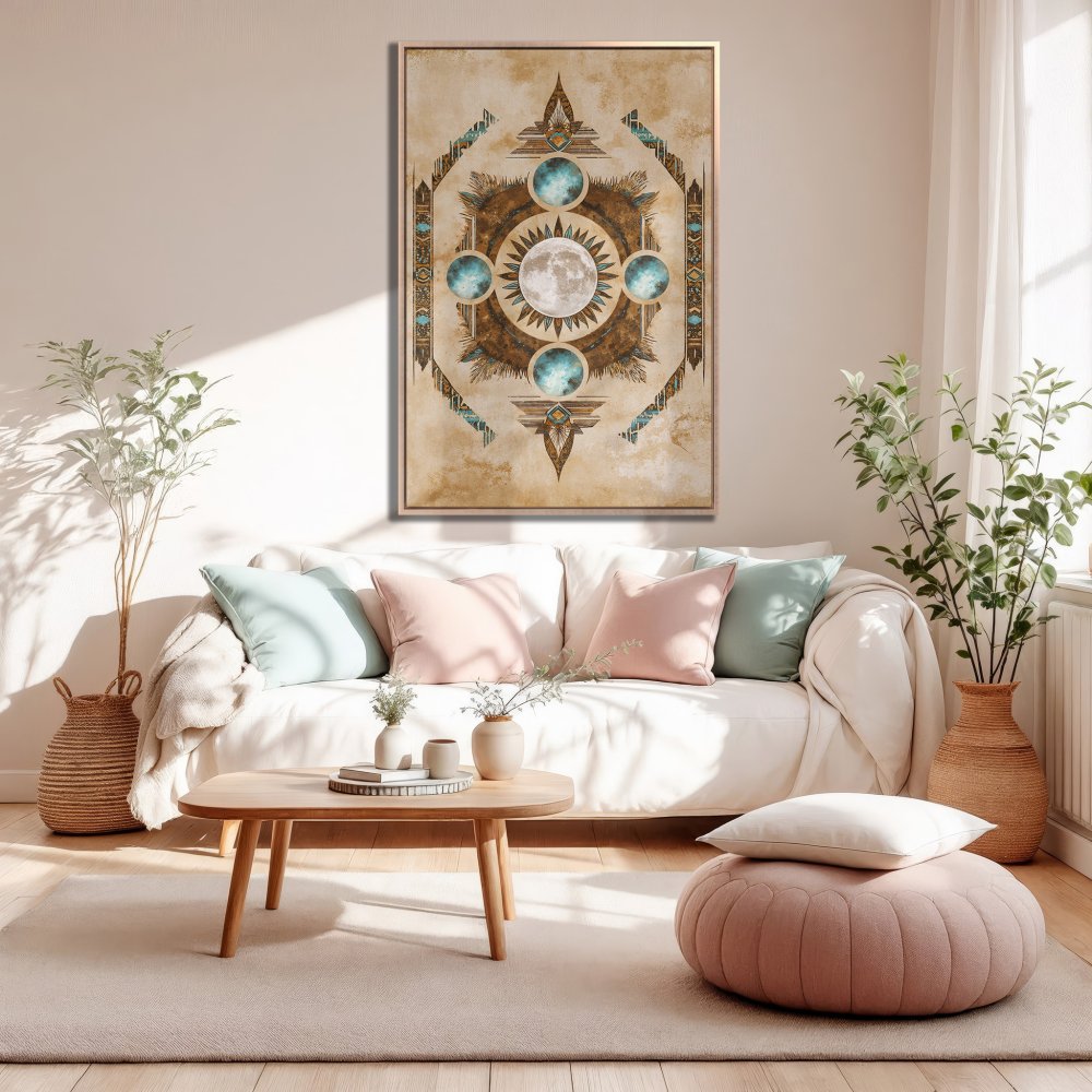 Framed Wall Art: Bohemian-style celestial design in warm beige, teal, and brown tones. Perfect for living room decor.