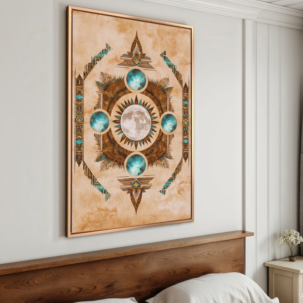 Framed Wall Art: Bohemian-style Canvas Print with moon and geometric design in warm earth tones and turquoise accents. Perfect for bedroom decor.