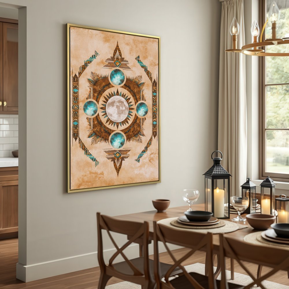 Canvas Print featuring a celestial design in earthy tones. Boho-inspired wall art with moon and turquoise accents. Perfect for living rooms!