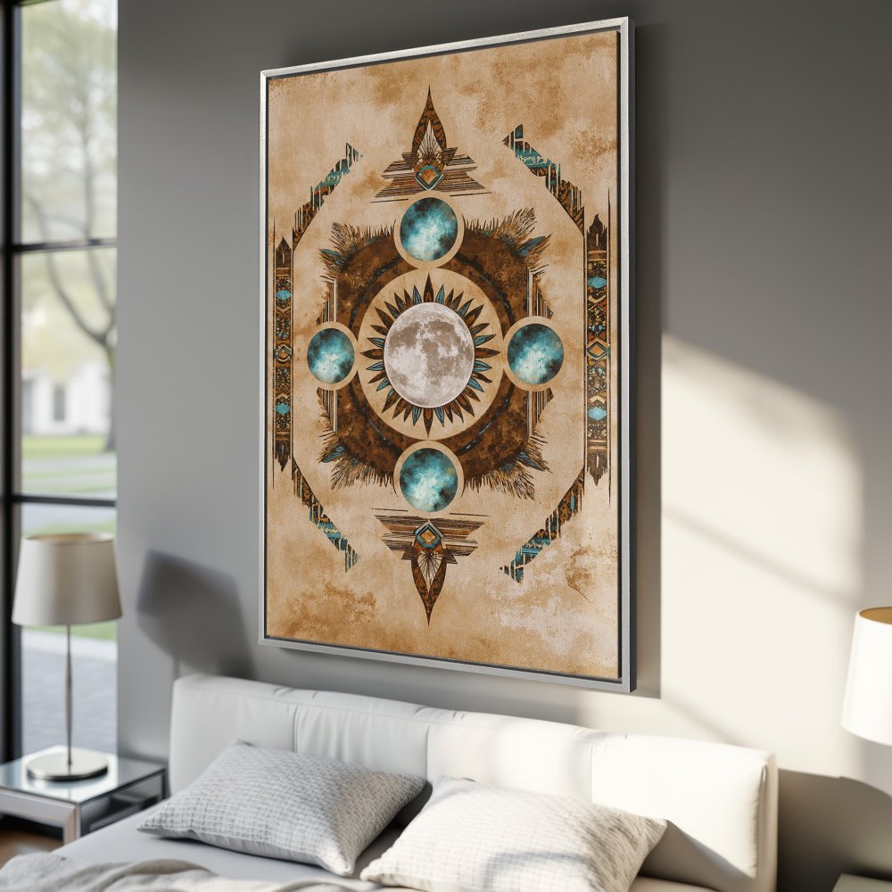 Framed Wall Art: Celestial moon art canvas print in earthy tones. Boho style wall decor with brown, teal, and beige color palette. Elevate your space!