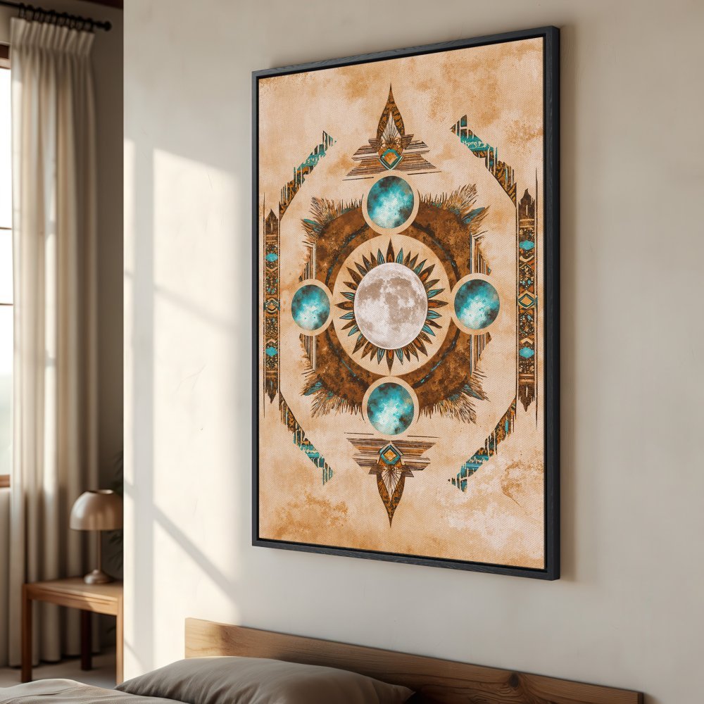 Framed Wall Art featuring a celestial design with a moon and turquoise accents. Earthy tones and bohemian style for a unique home decor statement.