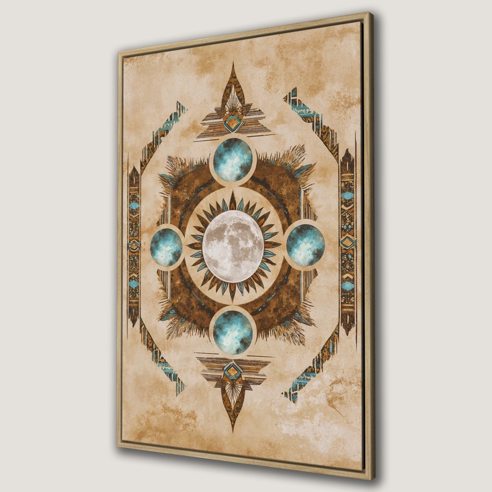 Canvas Print featuring a celestial mandala design with moon and turquoise accents. Earthy tones and boho style for your wall decor.