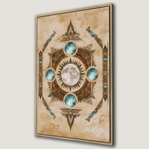 Canvas Print featuring a celestial mandala design with moon and turquoise accents. Earthy tones and boho style for your wall decor.