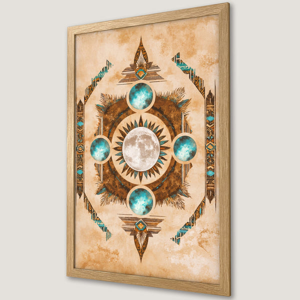 Framed Poster featuring a celestial design with a moon, in warm brown, turquoise, and beige tones. Perfect wall art for a boho aesthetic.