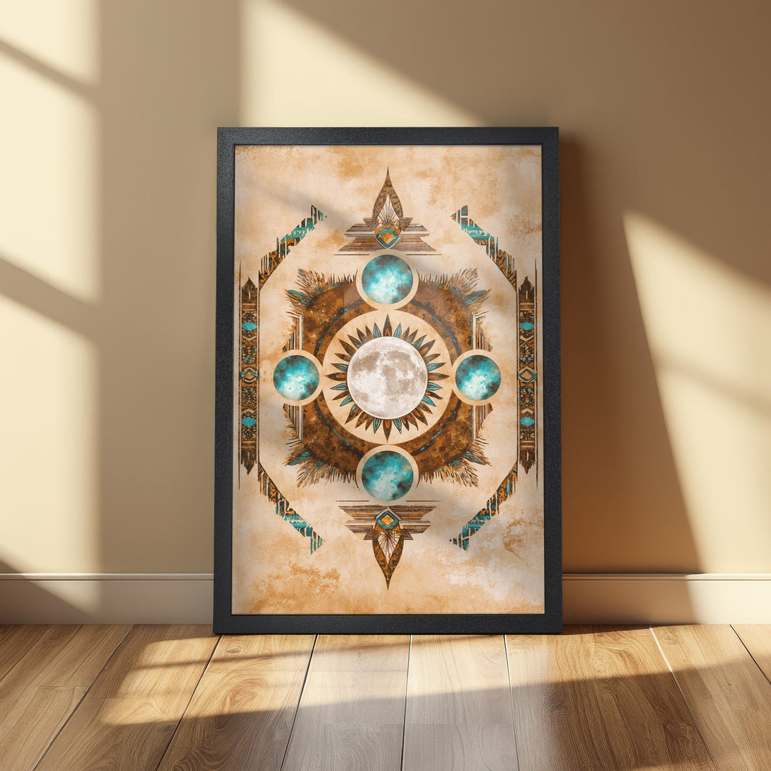 Framed Poster featuring a celestial design with moon & turquoise accents. Bohemian style art print with warm, earthy tones. Perfect wall decor.