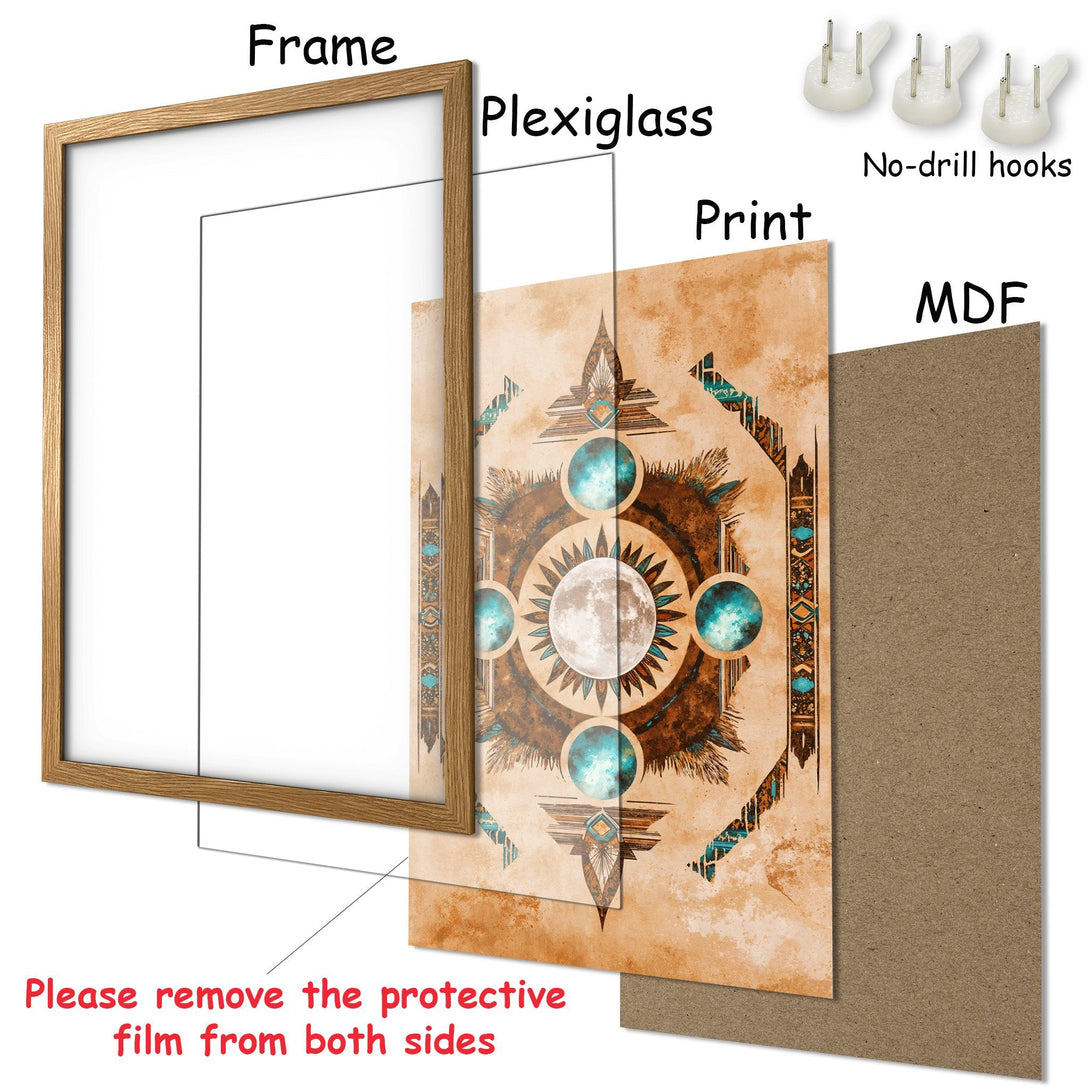 Framed Poster featuring a celestial design in warm earth tones with turquoise accents. Perfect wall art for any space!