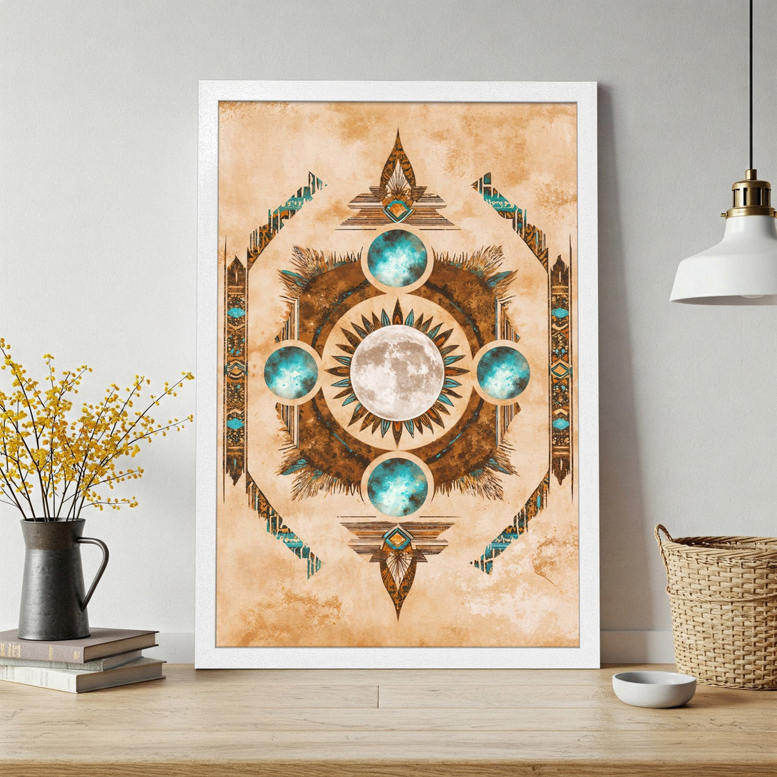 Framed Poster featuring a celestial design with moon and sun in earthy tones. Bohemian style art print for home decor.