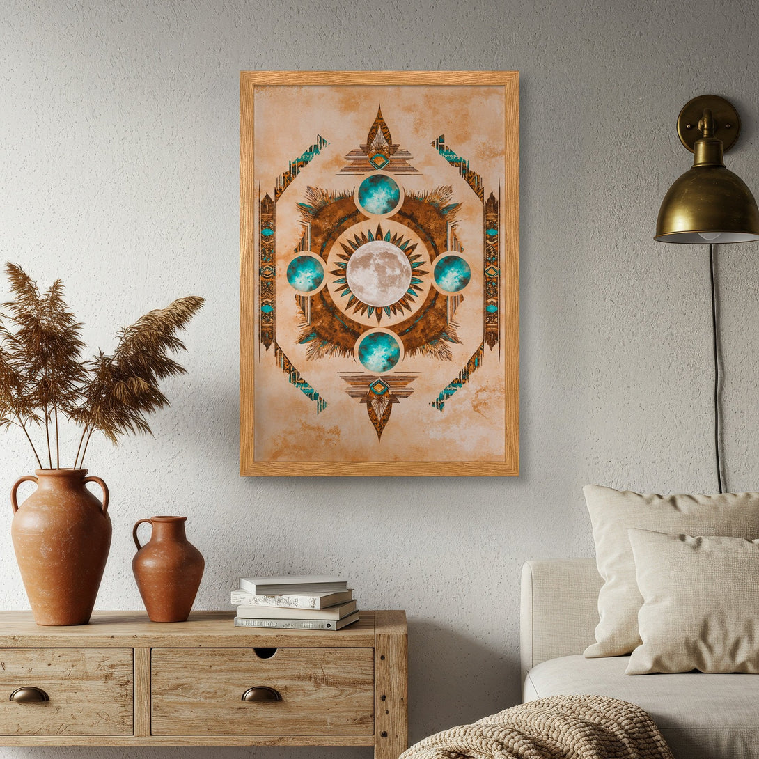Framed Poster featuring a celestial design with a moon and turquoise accents. Earthy tones and bohemian style. Perfect wall art!