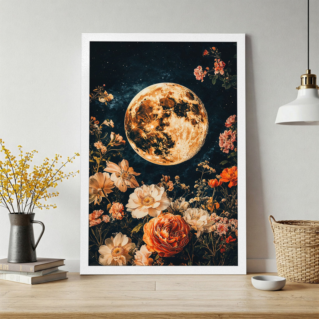 Framed Poster featuring a celestial moon and floral design. Dark, moody style with warm orange and cream tones. Perfect wall art for any room.