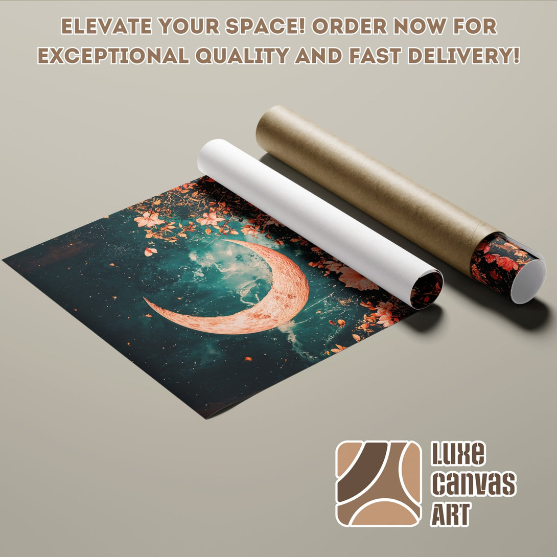 Poster Roll featuring a celestial, artistic design with a teal and orange color palette. Order your art today!